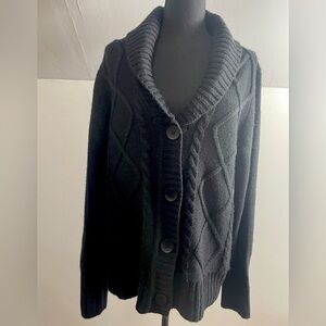 Black soot, cable knit cardigan. Size L (12-14)